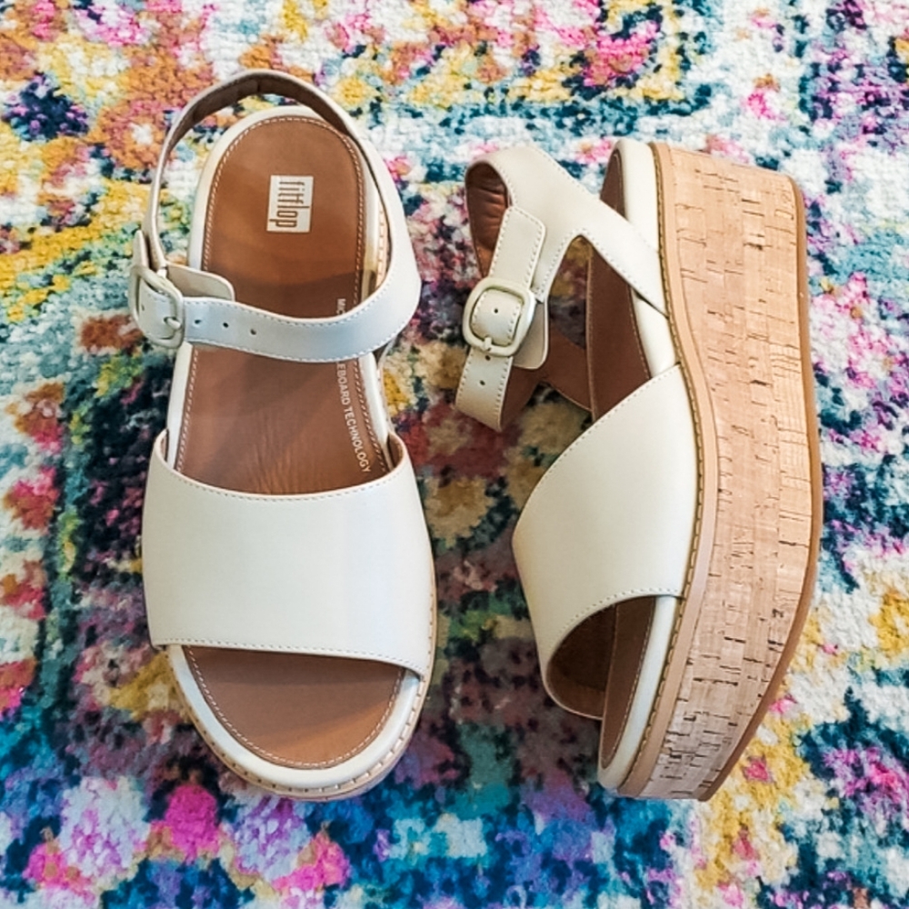 Eloise FitFlop Cork Wrap Cream Leather Platform Sandals